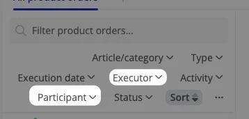 Filtermenu voor productorders met uitvoerder, deelnemer, activiteit en status.
