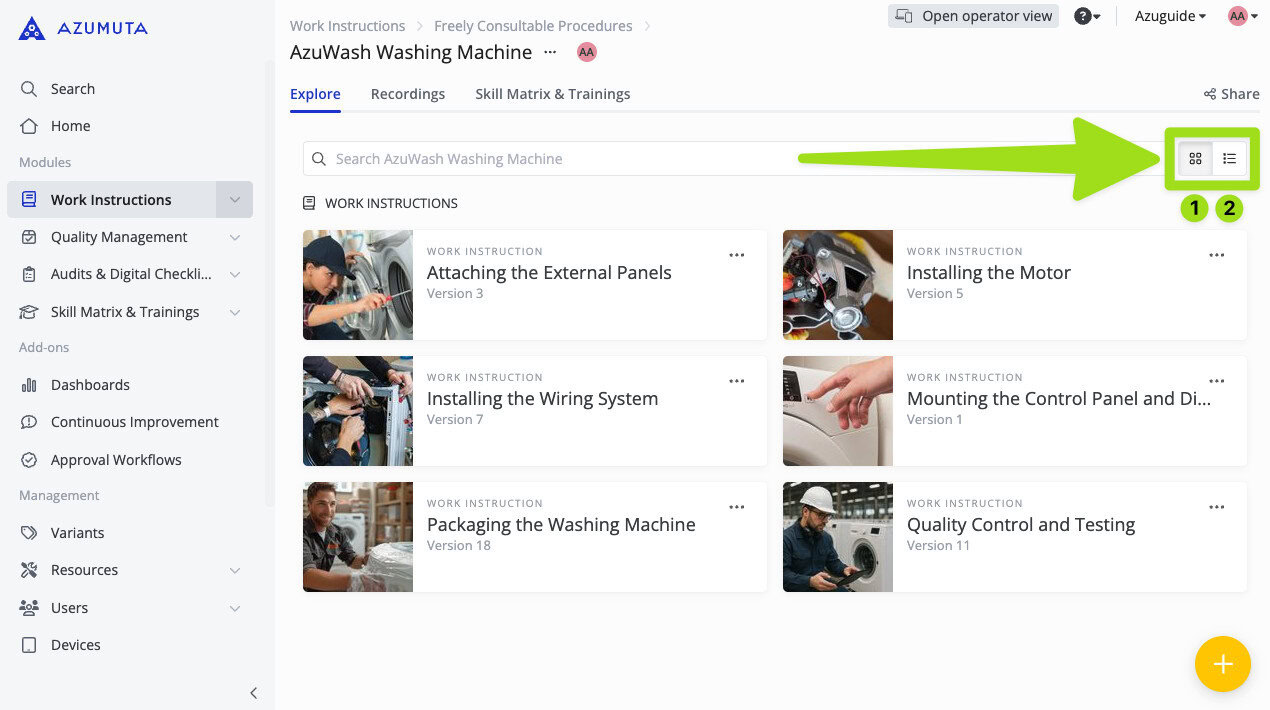 Azumuta interface showing the option to toggle between Card View and List View for work instructions. A green arrow highlights the view toggle buttons in the AzuWash Washing Machine project, making it easy for users to switch layouts for better navigation and visual clarity.