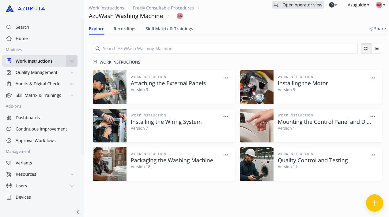Azumuta interface showing the card view layout of work instructions for the AzuWash Washing Machine project. Instructions include tasks like installing the motor, wiring system, control panel, and packaging the machine, each displayed with preview images and version numbers for easy visual navigation.