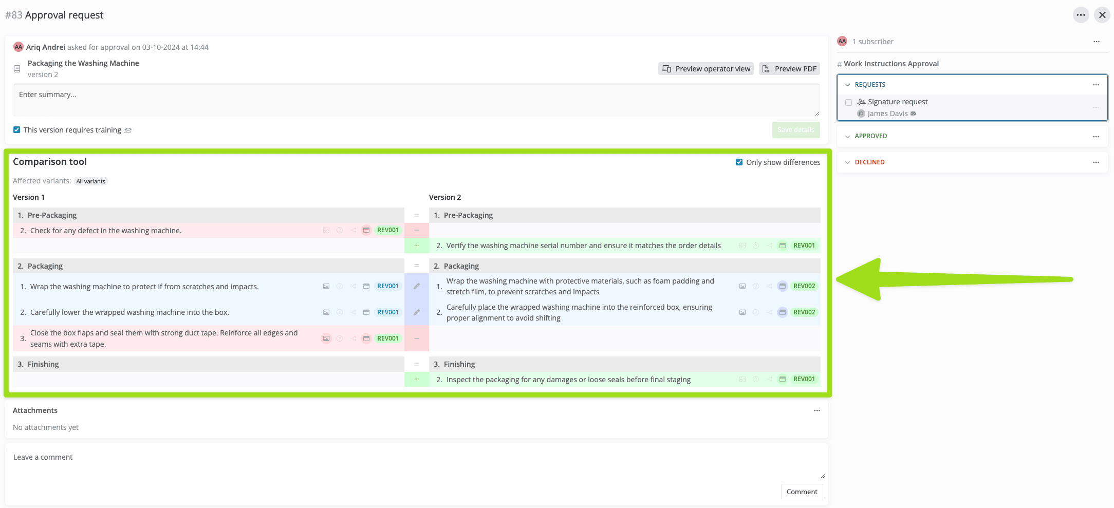 nouvelle fonctionnalité docs — outil de comparaison dans les demandes d'approbation des instructions de travail