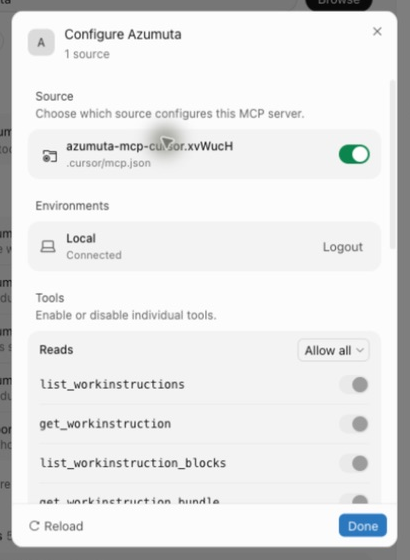 Cursor zeigt die Azumuta-Verbindung als Connected an und listet die Lese-Tools auf