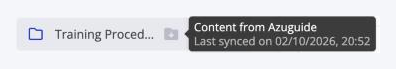 Het gesynchroniseerde Training Procedures-item in het zijpaneel van de bestemming, met de tooltip van het badge die Content from Azuguide en de datum en tijd van de laatste synchronisatie toont.