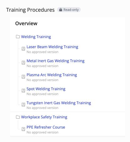 Het gesynchroniseerde Training Procedures-topniveau-item in de bestemming, met een Alleen-lezen-label. De werkinstructies tonen Geen goedgekeurde versie totdat de bestemming ze goedkeurt.