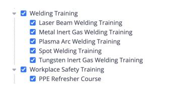 De itemboom in het venster Bewerken content sync, met de Welding Training- en Workplace Safety Training-mappen en hun werkinstructies geselecteerd.