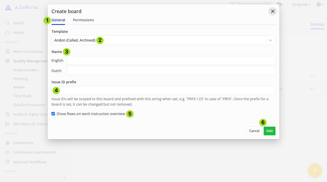 Azumuta Create Board General Tab Interface – Template selection, name input fields in English and Dutch, issue ID prefix setup, option to show flows on work instruction overview, and Add button highlighted.