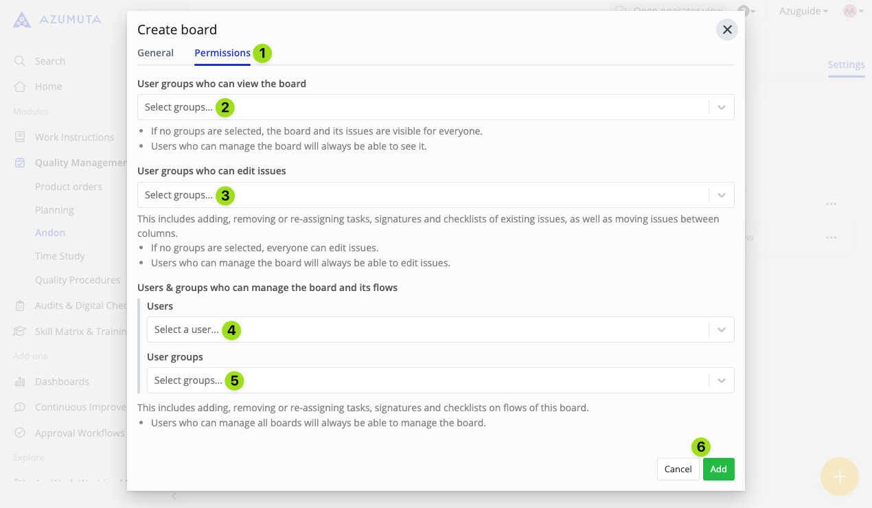 Azumuta Create Board Permissions tab interface showing user group selection for viewing, editing, and managing board tasks and flows, with dropdowns for selecting users and groups and an Add button to confirm settings.