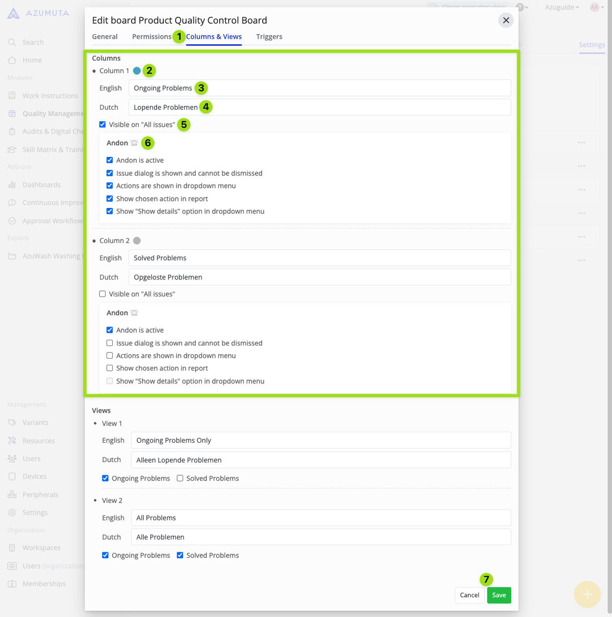 Azumuta interface showing column settings for the Product Quality Control Board, with options to customize column names, add filters, and manage visibility of issue types in Quality Management.