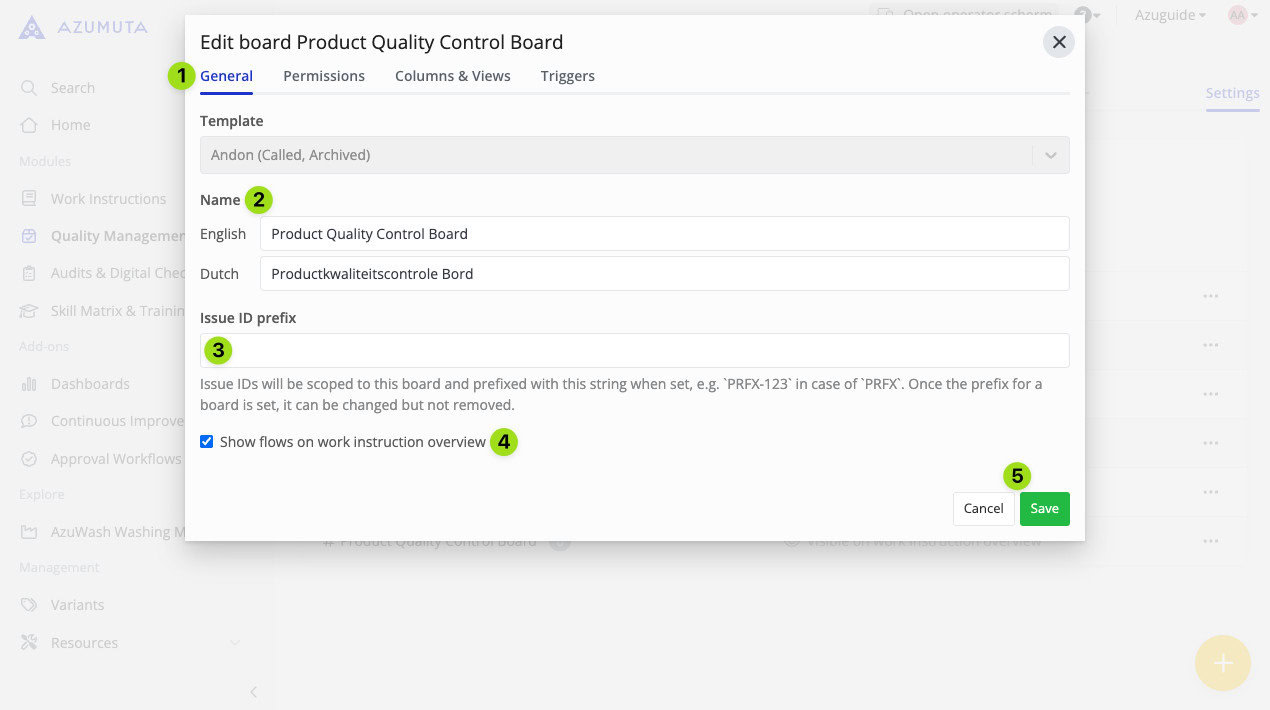 Edit board settings in Azumuta: General tab showing fields for template, board name in English and Dutch, issue ID prefix, and an option to show flows on work instruction overview.