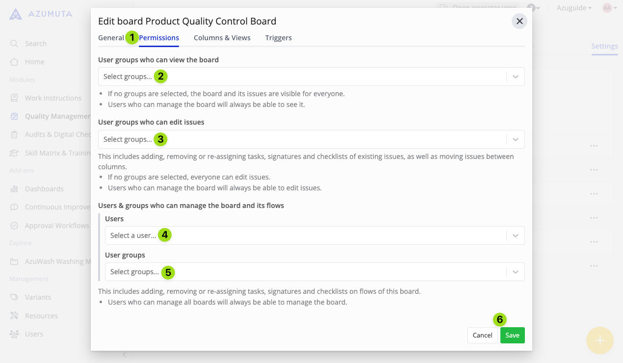 Azumuta permissions tab for editing the Product Quality Control Board, showing options to assign user groups for viewing, editing, and managing board issues and flows.