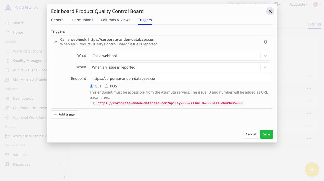 Azumuta Product Quality Control Board settings screen showing the 'Triggers' tab with a configured webhook trigger that sends data to an external endpoint when an issue is reported.