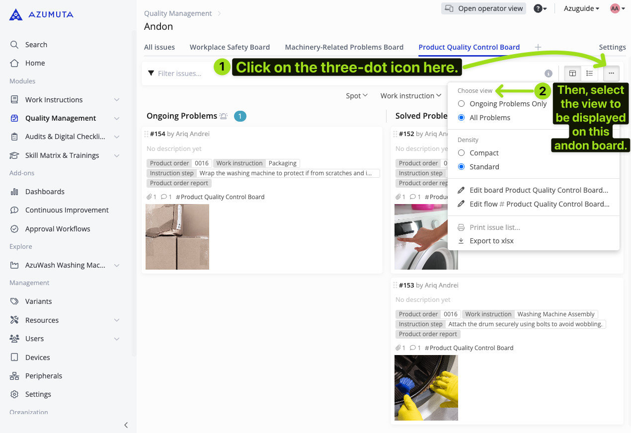 Azumuta Andon board interface showing how to switch views by clicking the three-dot icon and selecting between 'Ongoing Problems Only' and 'All Problems' in the Product Quality Control Board.