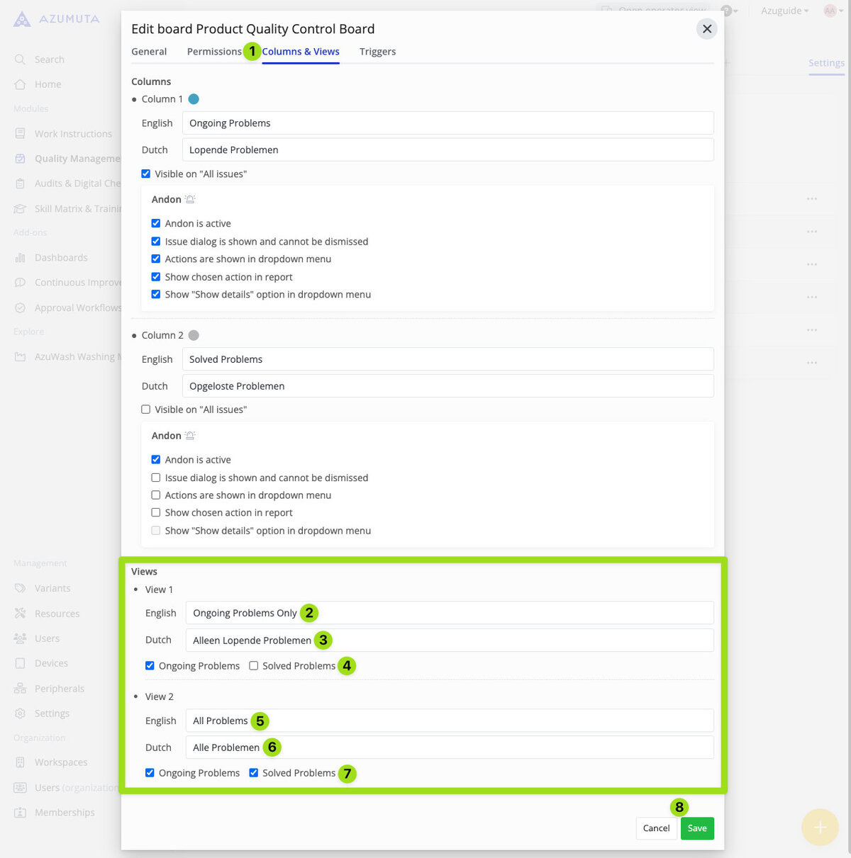 Azumuta Product Quality Control Board settings screen showing 'Columns & Views' tab with options to configure columns for ongoing and solved problems, customize views in English and Dutch, and a save button to confirm changes.