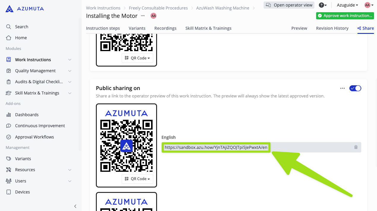 Interfaz de Azumuta que muestra un enlace de uso público y un código QR para una instrucción de trabajo titulada 'Instalación del Motor', con una URL corta destacada para el acceso fácil del operario.
