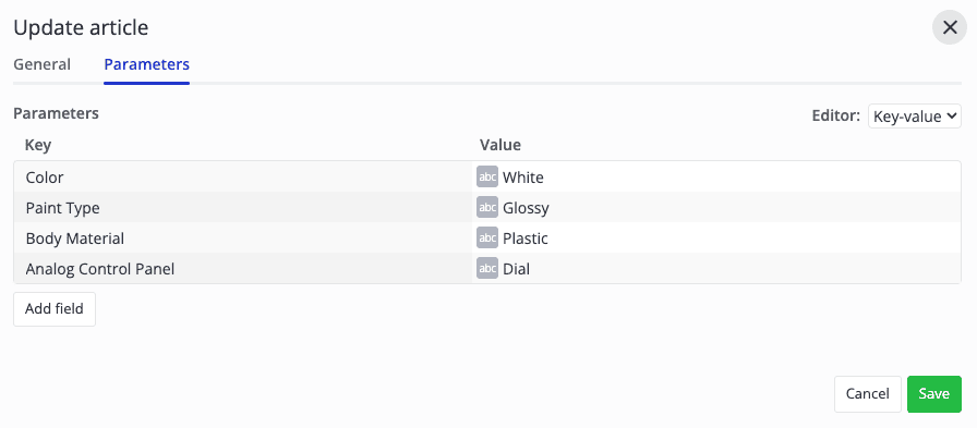 A user interface for updating an article is displayed. There are two tabs: General and Parameters, with Parameters selected. The Parameters section lists five fields: Color set to White, Paint Type set to Glossy, Body Material set to Plastic, and Analog Control Panel set to Dial. There are options to add a new field or save/cancel changes.