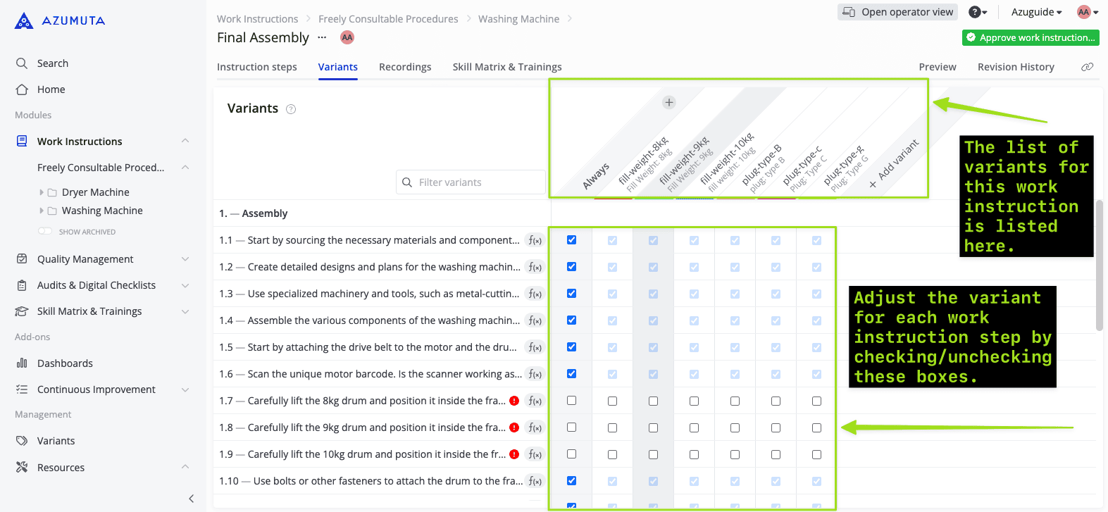 A screen capture of a work instruction software interface. The left panel shows a list of work instructions. The main section shows a table where specific steps of the final assembly process are listed with checkboxes to adjust variants. Highlighted guides point to features.