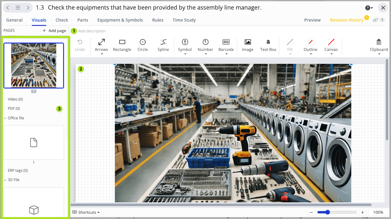 Screenshot of a visual instruction page in a manufacturing environment, displaying tools and equipment for an assembly line. The interface includes options for adding pages, descriptions, and annotations. A high-resolution image of a well-organized workstation with drills, wrenches, and washers is shown, ensuring workers check provided equipment as instructed.