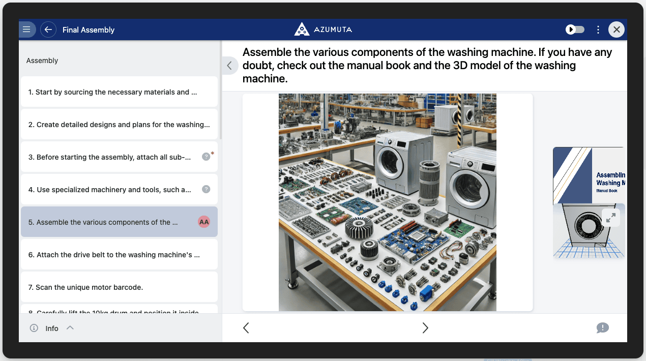 Digital work instruction interface for washing machine assembly. The screen displays a step-by-step guide with an active step highlighting component assembly. A detailed image of disassembled washing machine parts is shown, along with a manual book and a 3D model for reference. The structured workflow ensures precise assembly in a manufacturing setting.