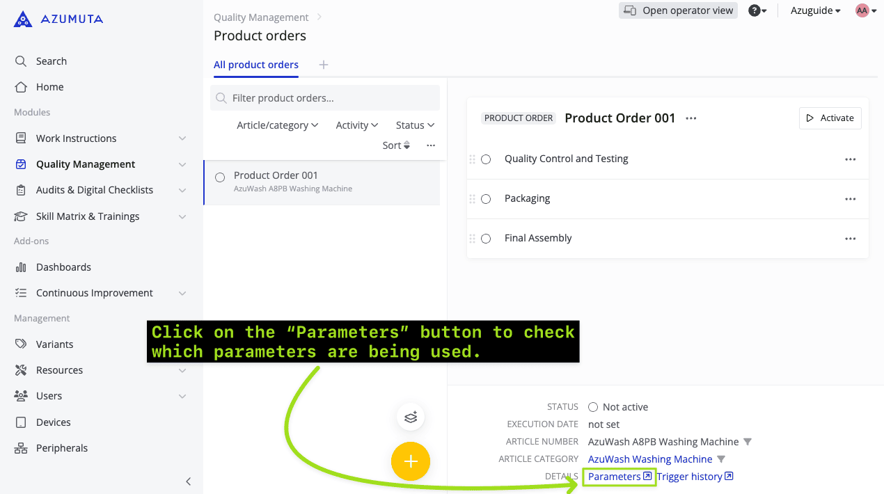 docs creando una orden de producto basada en un artículo que tiene parámetros preconfigurados