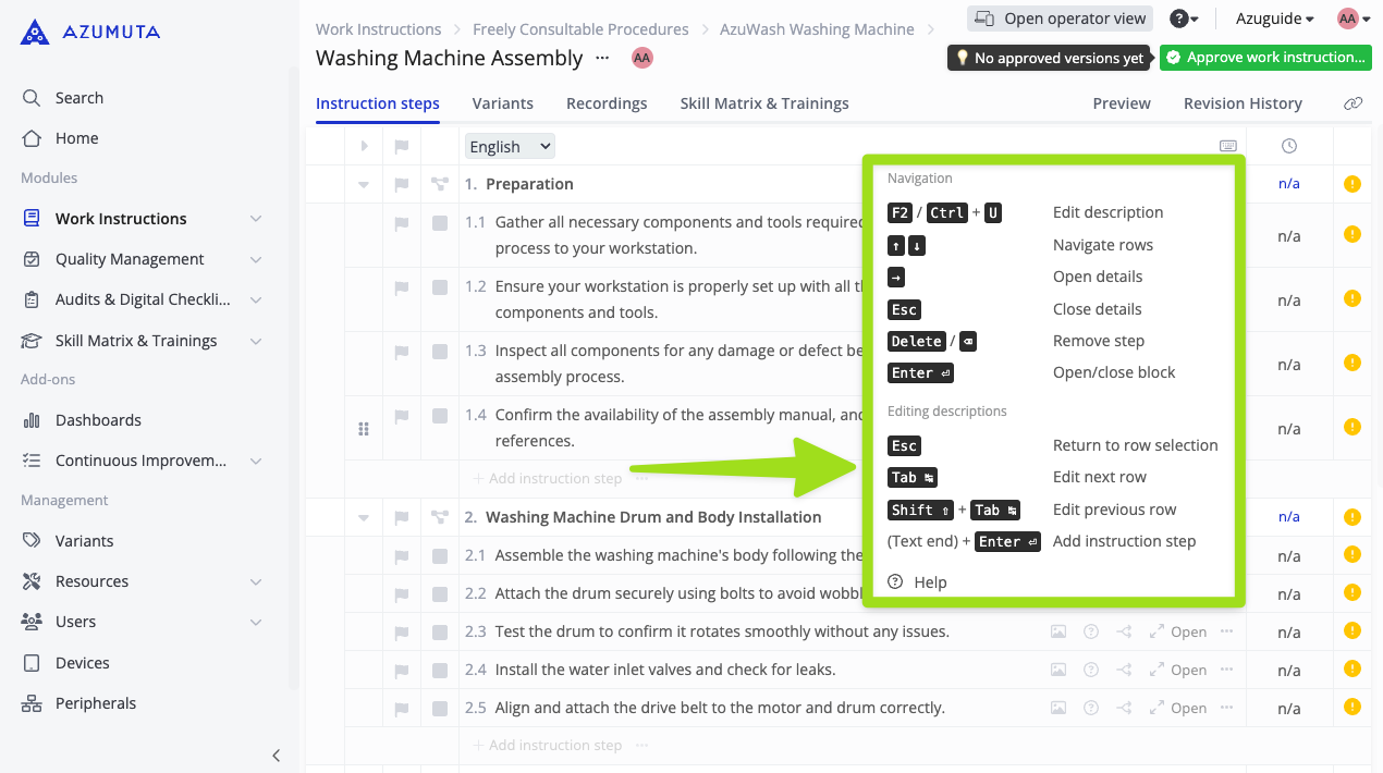 Screenshot van de Azumuta-editor voor werkopdrachten met handleiding voor sneltoetsen, waarin navigatie en inline bewerkingsfuncties voor instructiestappen worden benadrukt, ontworpen om de workflow te stroomlijnen en de bruikbaarheid voor het beheren van assemblageprocedures te verbeteren.