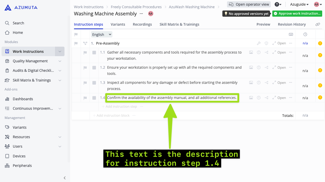 Screenshot van de Azumuta-interface die de pre-assembly werkopdrachtsectie toont voor de montage van een wasmachine. Stap 1.4 is gemarkeerd: 'Bevestig de beschikbaarheid van het assemblagehandleiding en alle aanvullende referenties,' met een groene pijl die de beschrijving en de relevantie ervan in de workflow benadrukt