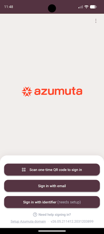 The Azumuta app login screen with the Scan one-time QR code to sign in option.