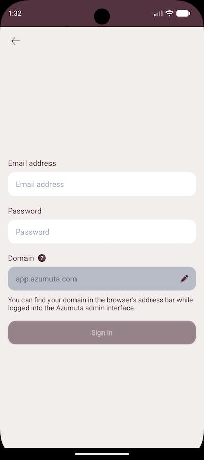 The email login screen in the Azumuta app, with fields for company domain, email, and password.