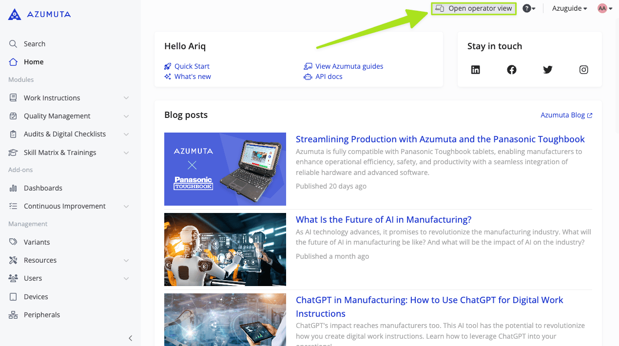 docs cómo cambiar a la vista de operador desde Azumuta en la web
