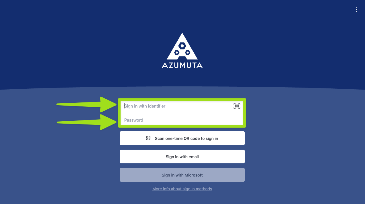 Écran de connexion Azumuta mettant en évidence les champs « Sign in with identifier » et « Password », montrant la connexion par identifiant activée avec la protection optionnelle par mot de passe pour les opérateurs.