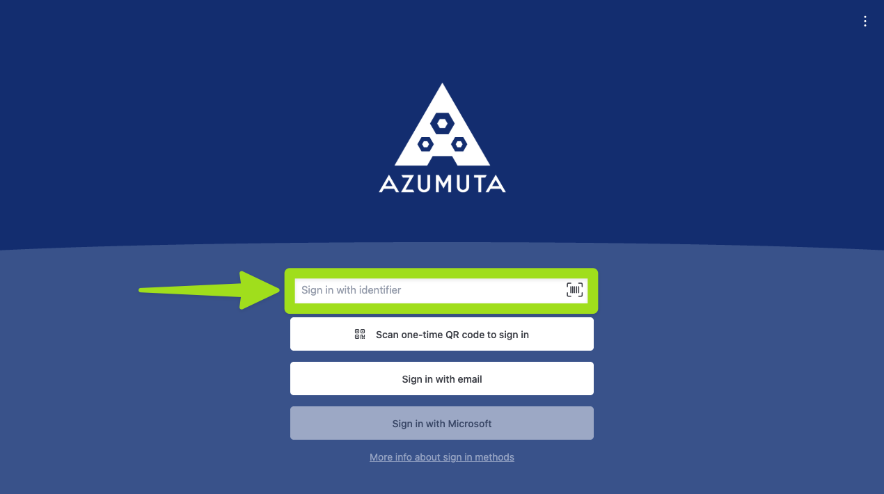 Écran de connexion Azumuta avec le champ de saisie « Sign in with identifier » mis en évidence, indiquant la connexion de l'opérateur via la méthode d'identifiant configurée.