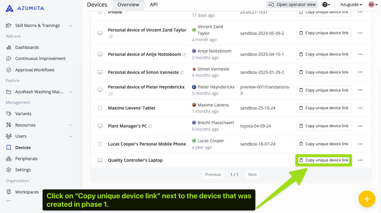 Capture d'écran de la plateforme Azumuta affichant l'onglet Devices, mettant en évidence le bouton