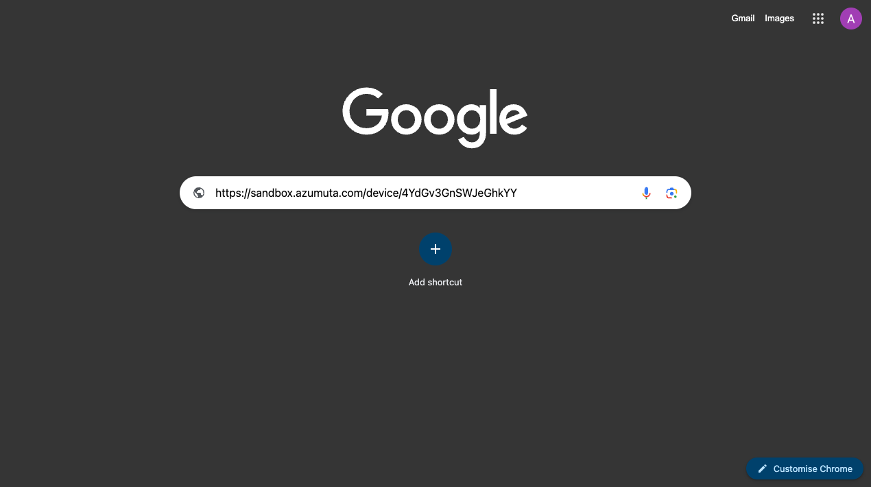 Page d'accueil du navigateur Google Chrome avec une URL pour un lien d'appareil Azumuta unique saisie dans la barre d'adresse, prête à authentifier l'appareil lors de la configuration de la phase 2.