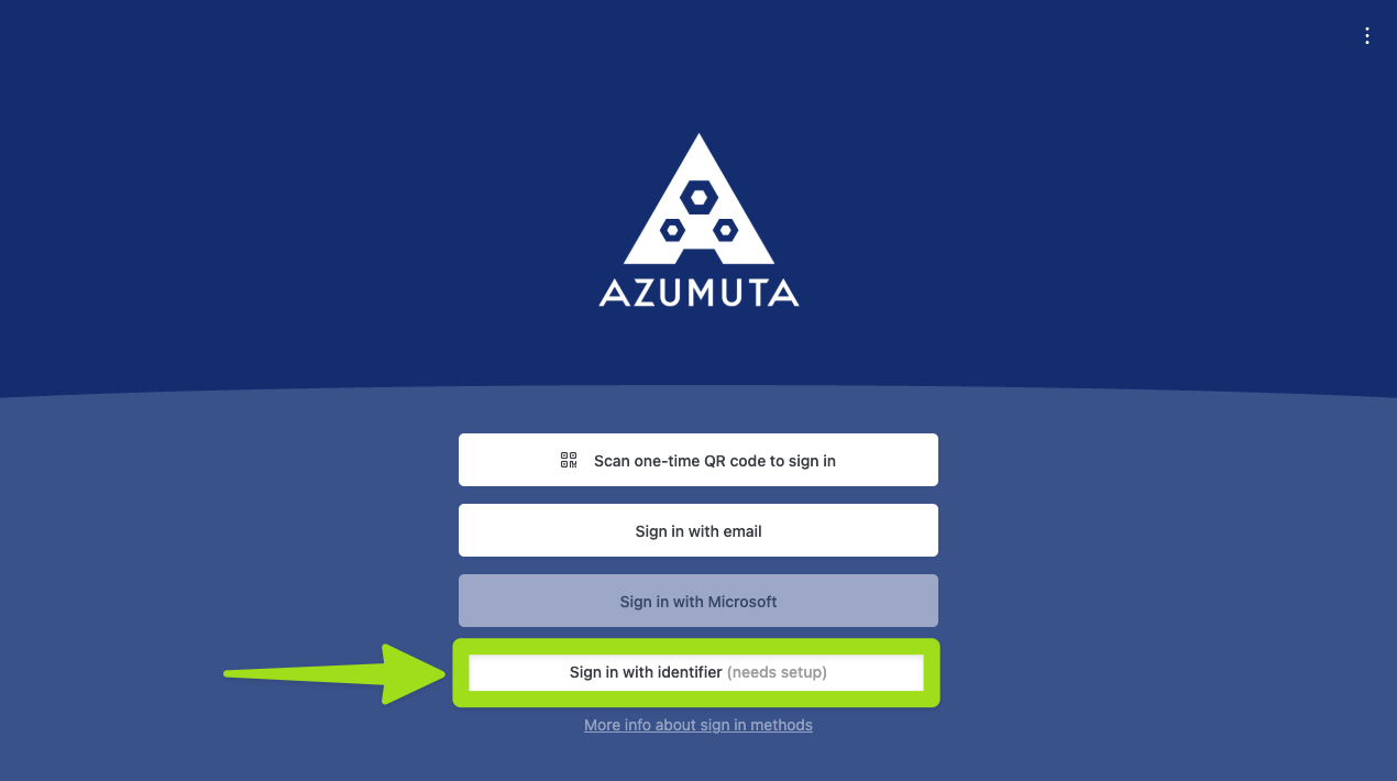 Écran de connexion Azumuta mettant en évidence le bouton « Sign in with identifier », indiquant qu'il nécessite une configuration pour l'authentification basée sur l'appareil.