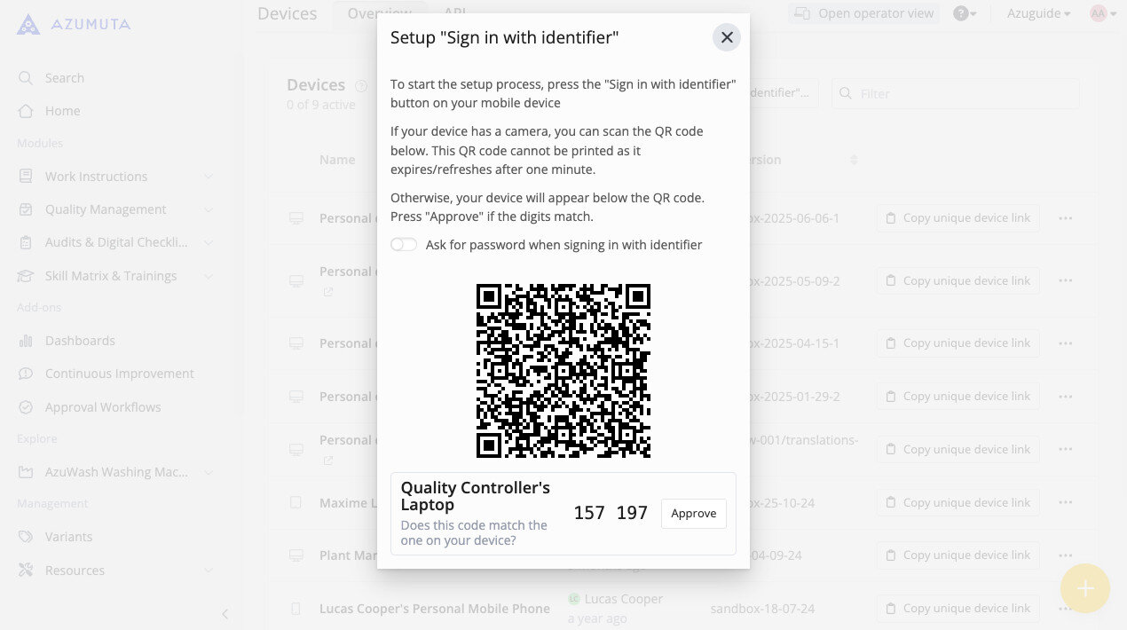 Tableau de bord administrateur Azumuta montrant l'aperçu des Devices avec un bouton « Setup 'Sign in with identifier' » mis en évidence pour activer la connexion par identifiant sur un appareil sélectionné.