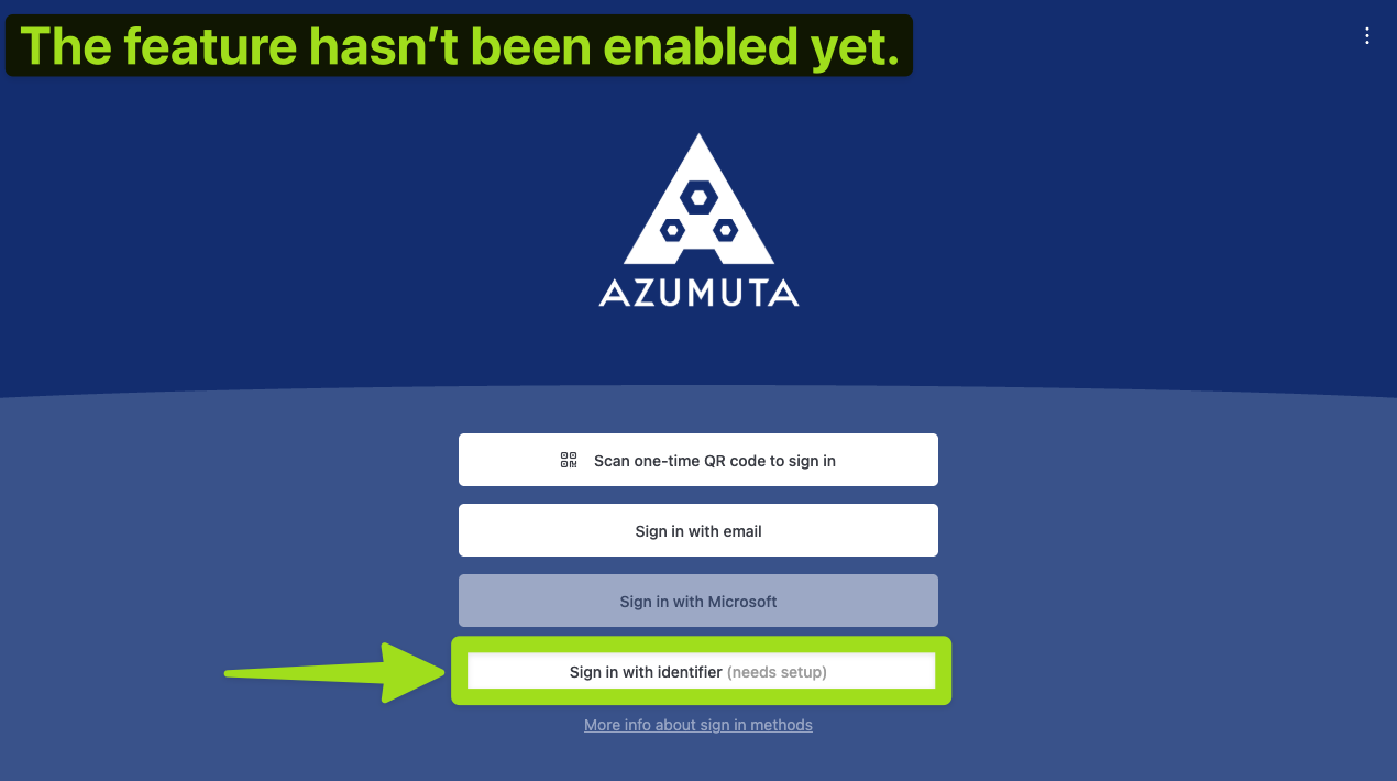 Écran de connexion Azumuta montrant l'option « Sign in with identifier » grisée avec un message indiquant que la fonctionnalité n'a pas encore été activée, soulignant la nécessité d'une configuration administrateur.