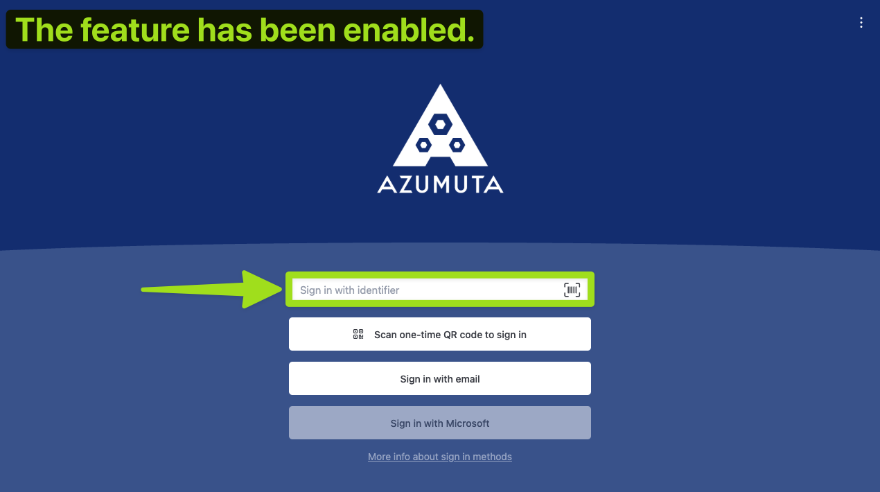Écran de connexion Azumuta montrant la fonctionnalité « Sign in with identifier » activée avec succès, le champ de saisie et l'icône du lecteur de code‑barres mis en évidence pour l'authentification de l'utilisateur.