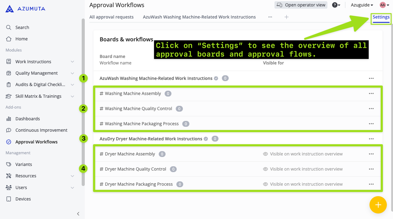 Screenshot des Approval Workflows-Moduls von Azumuta, der die Unterscheidung zwischen Genehmigungsboards und Genehmigungsabläufen hervorhebt. Das Bild zeigt kategorisierte Workflows wie ‘Washing Machine Assembly’ und ‘Dryer Machine Quality Control’ unter ihren jeweiligen Boards sowie einen ‘Settings’-Button zum Zugriff auf detaillierte Konfigurationen. Enthält Sichtbarkeitseinstellungen und Navigation zur Verwaltung von Genehmigungsaufgaben