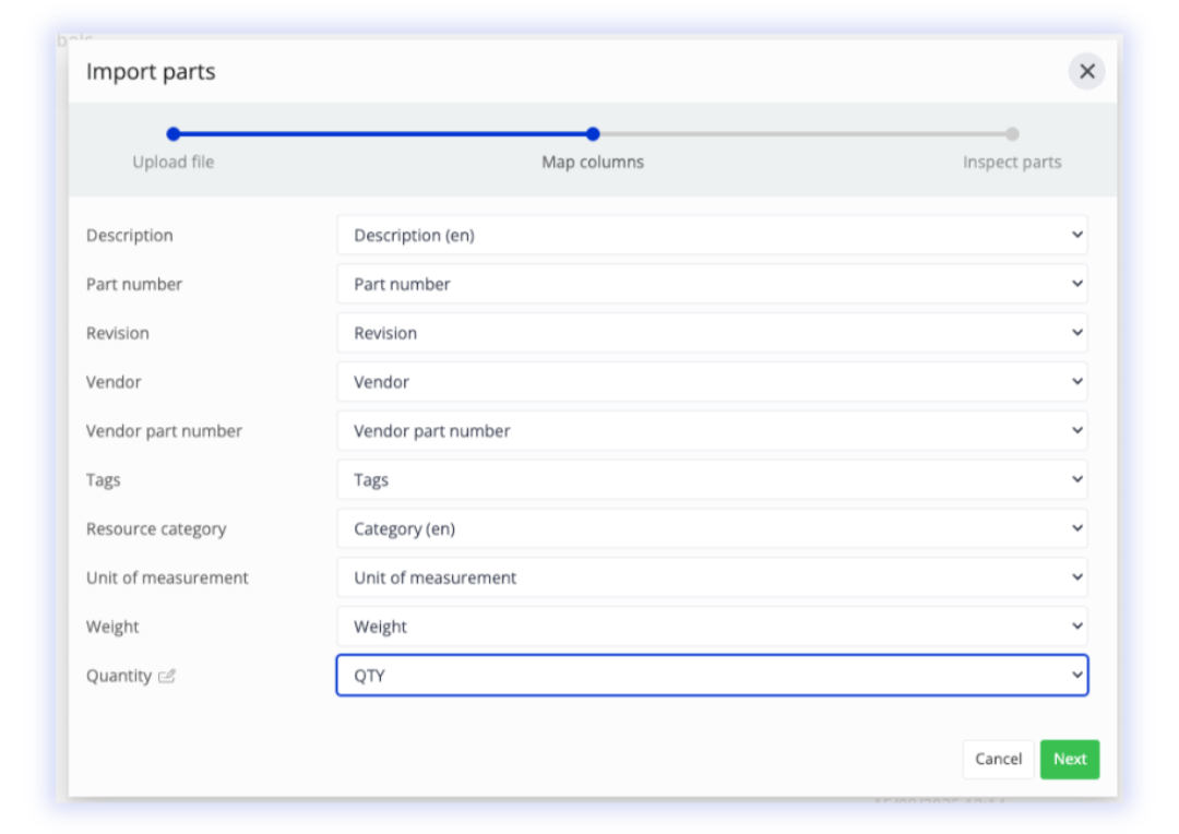 Onderdelenimport met categorietoewijzing en aangepaste eigenschappen in de admin-interface.