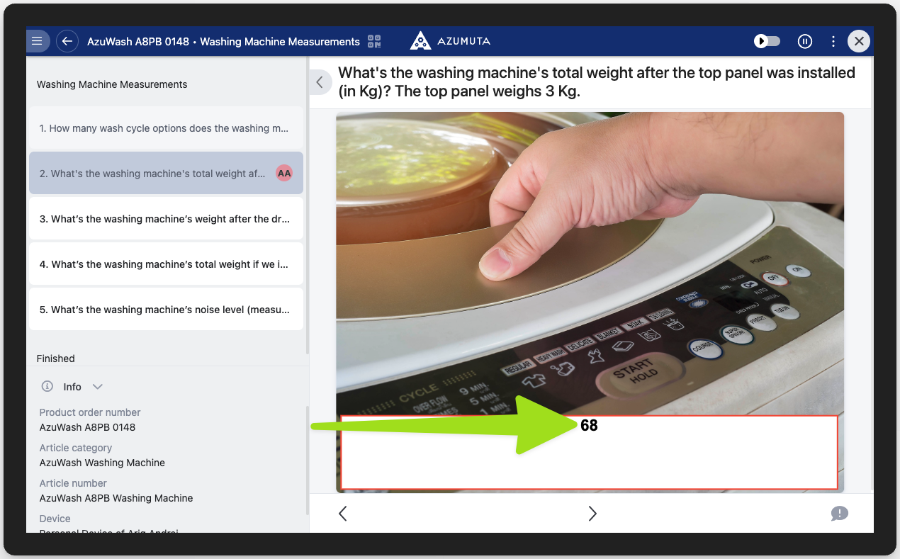 Azumuta interface displaying a washing machine measurement question about its total weight after installing the top panel. The image shows a hand placing a top panel on a washing machine, with the calculated weight 