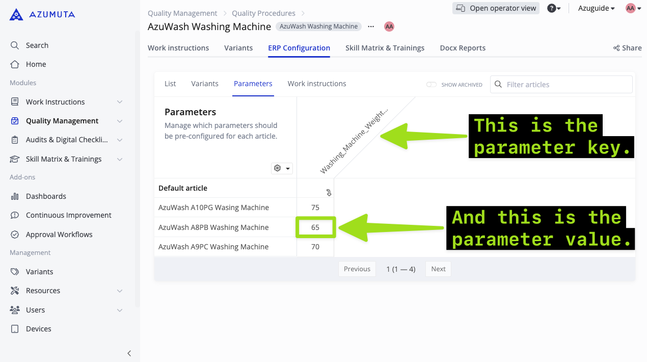 Azumuta interface displaying the ERP Configuration settings for an 