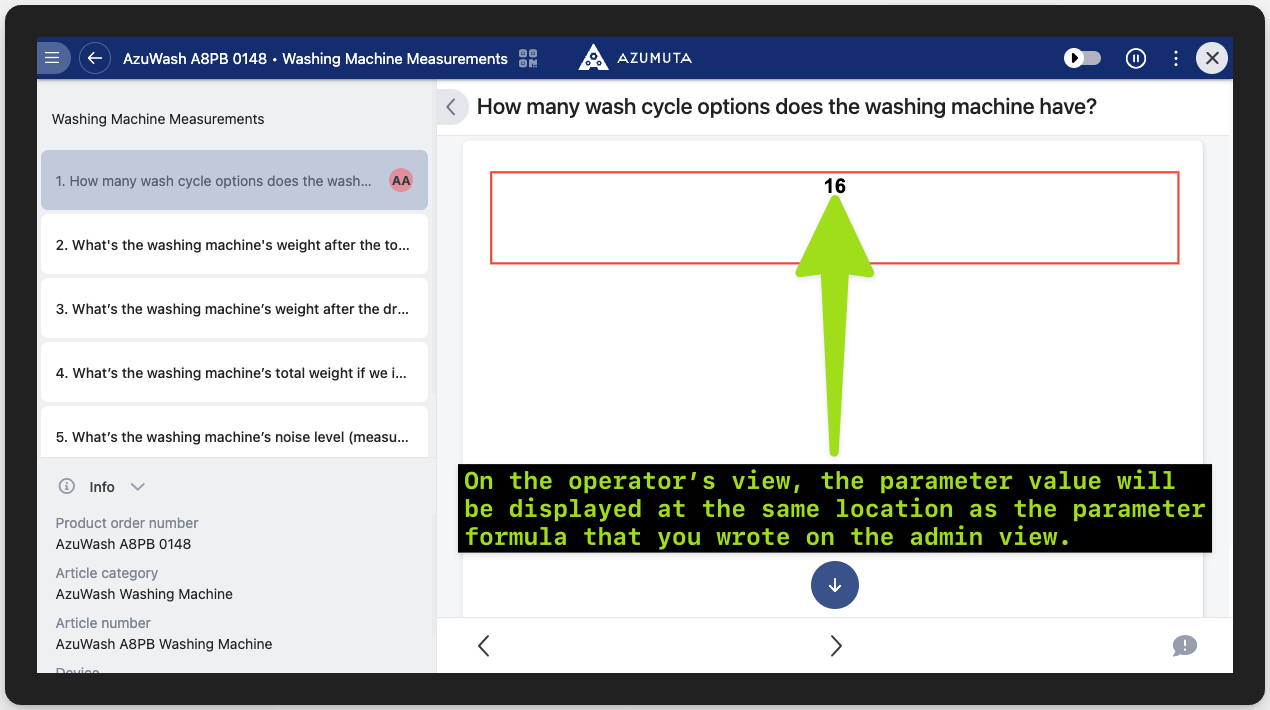 Azumuta interface displaying a washing machine measurement question about wash cycle options. The number 