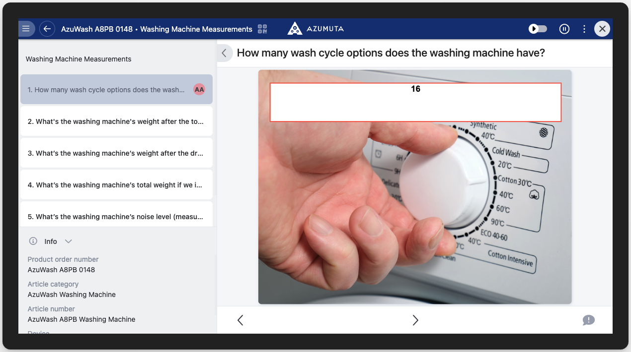 Azumuta interface displaying washing machine measurements with a question about wash cycle options. The image shows a hand adjusting a washing machine's cycle knob, with the number 