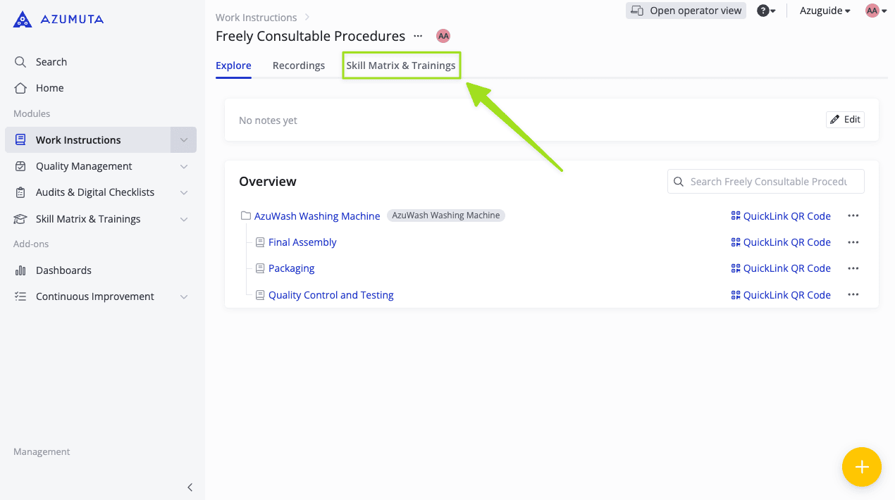 Azumuta platform showing the 'Freely Consultable Procedures' section with an arrow pointing to the 'Skill Matrix & Trainings' tab. The interface highlights work instructions, quality management, and quick access to training resources.
