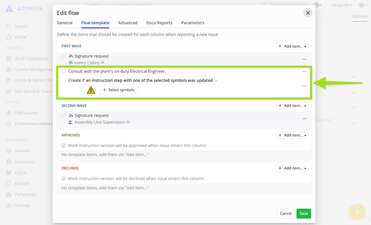 Capture d'écran de l'interface du flux d'approbation d'Azumuta montrant une configuration de workflow conditionnel où des actions sont déclenchées si une étape d'instruction avec des symboles spécifiques est modifiée. La section mise en évidence inclut des options pour consulter l'ingénieur électricien de garde et demander des signatures dans un processus d'approbation en plusieurs étapes.