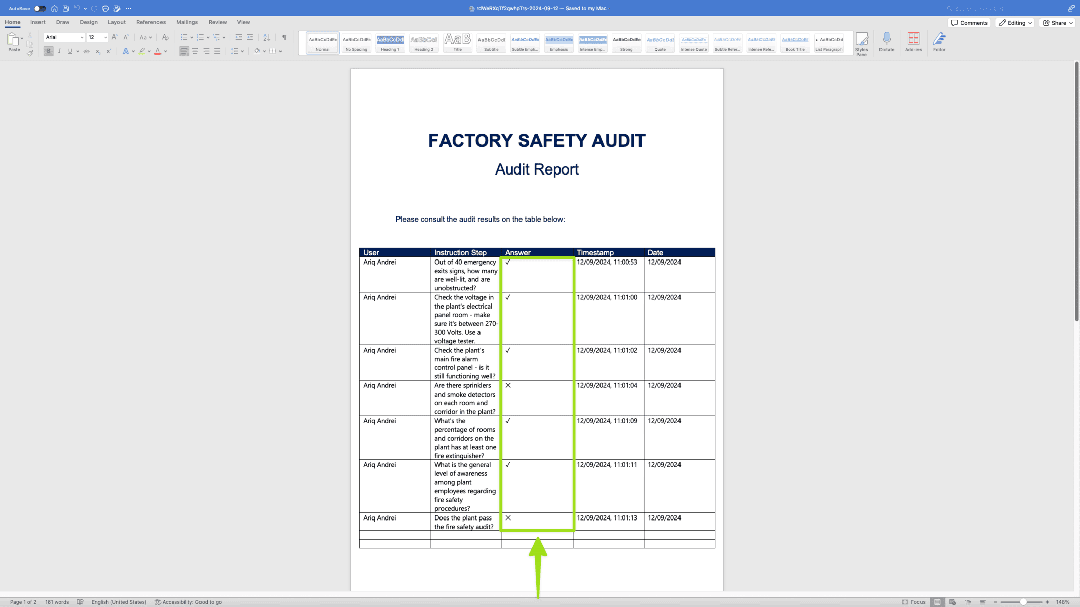 docs example using checklists and crosses