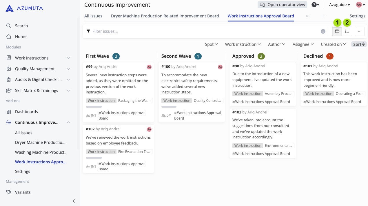 Screenshot van het Azumuta Platform-module Continue verbetering, met het 'Werkinstructies Goedkeuringsbord' in een Kanban-indeling. De interface benadrukt twee weergavewisselopties rechtsboven: 1) Bordweergave voor een kolomgebaseerd taakoverzicht en 2) Lijstweergave voor een gedetailleerd taakoverzicht. Het bord is verdeeld in categorieën zoals Eerste golf, Tweede golf, Goedgekeurd en Afgewezen, elk met werkinstructiekaarten met taakdetails. De zijbalk biedt navigatie naar modules zoals Werkinstructies, Kwaliteitsbeheer en Continue verbetering.