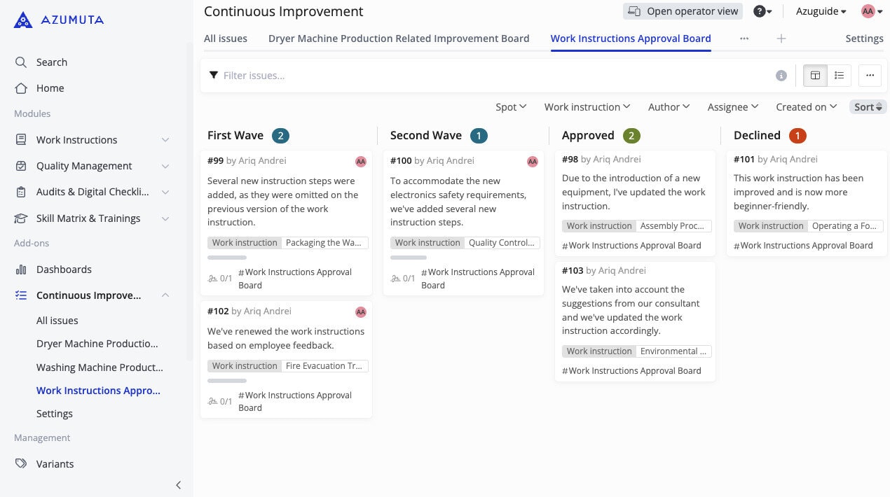 Screenshot van het Azumuta Platform-module Continue verbetering waarin het 'Werkinstructies Goedkeuringsbord' in een Kanban-indeling wordt getoond. Het bord is georganiseerd in kolommen: Eerste golf, Tweede golf, Goedgekeurd en Afgewezen, elk met updates van werkinstructies met details zoals auteur, tags en voortgangsstatus. De zijbalk bevat navigatie voor modules zoals Werkinstructies, Kwaliteitsbeheer en Dashboards. Gebruikers kunnen instructies filteren, sorteren en beheren via de interface.