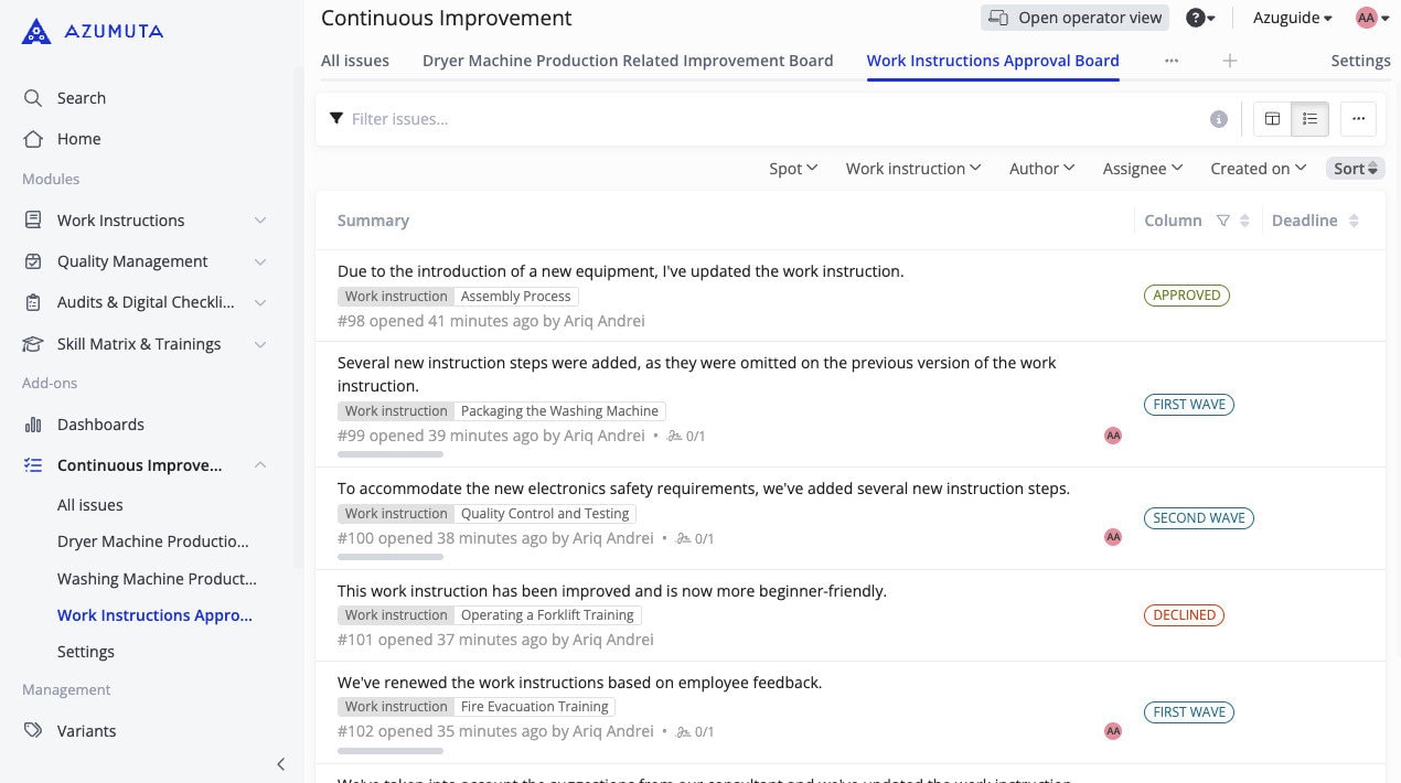 Screenshot van het Azumuta Platform-module Continue verbetering met het 'Werkinstructies Goedkeuringsbord' in lijstweergave. De lijst biedt een gedetailleerd overzicht van werkinstructies, inclusief titels, gerelateerde taken, auteurs, tijdstempels en goedkeuringsstatus (bijv. Goedgekeurd, Eerste golf, Tweede golf, Afgewezen). De zijbalk bevat navigatieopties zoals Werkinstructies, Kwaliteitsbeheer en Dashboards, met filter- en sorteeropties bovenaan de interface voor efficiënt taakbeheer.