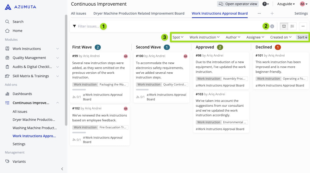 Screenshot van het Azumuta Platform-module Continue verbetering, met de focus op het 'Werkinstructies Goedkeuringsbord' in een Kanban-indeling. De afbeelding benadrukt belangrijke functies voor het filteren en sorteren van taken: 1) een 'Filter issues' zoekbalk om taken te verfijnen, 2) sorteer- en kolomaanpassingsopties voor taakorganisatie, en 3) een dropdownmenu om taken te vinden op criteria zoals Werkinstructie, Auteur, Toegewezen en Aanmaakdatum. Het bord is georganiseerd in categorieën zoals Eerste golf, Tweede golf, Goedgekeurd en Afgewezen voor efficiënt workflowbeheer