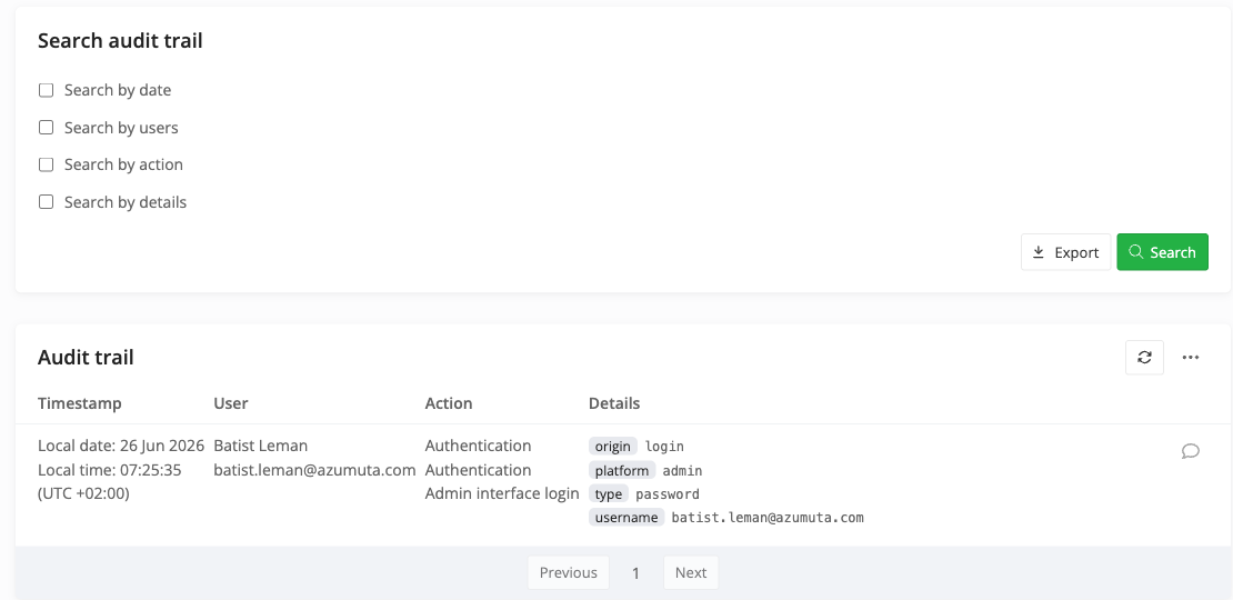 Der Audit Trail-Bildschirm unter Settings, mit Suchfiltern und einem protokollierten Anmeldeeintrag, der die Details anzeigt.
