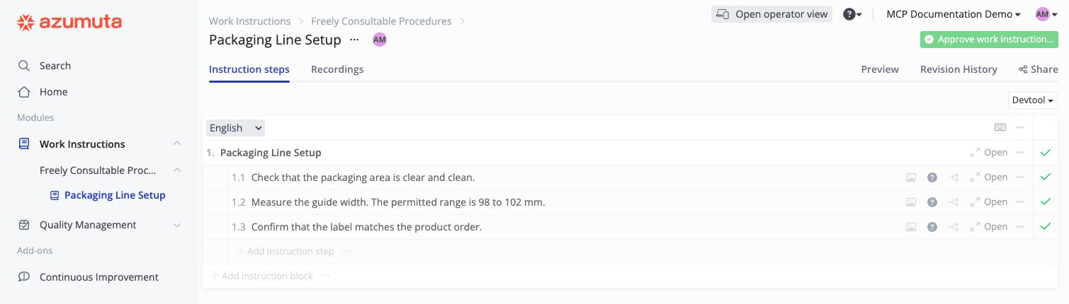 Packaging Line Setup in Azumuta, mit Prüfungen für eine saubere Fläche, die Führungsbreite und das Produktetikett